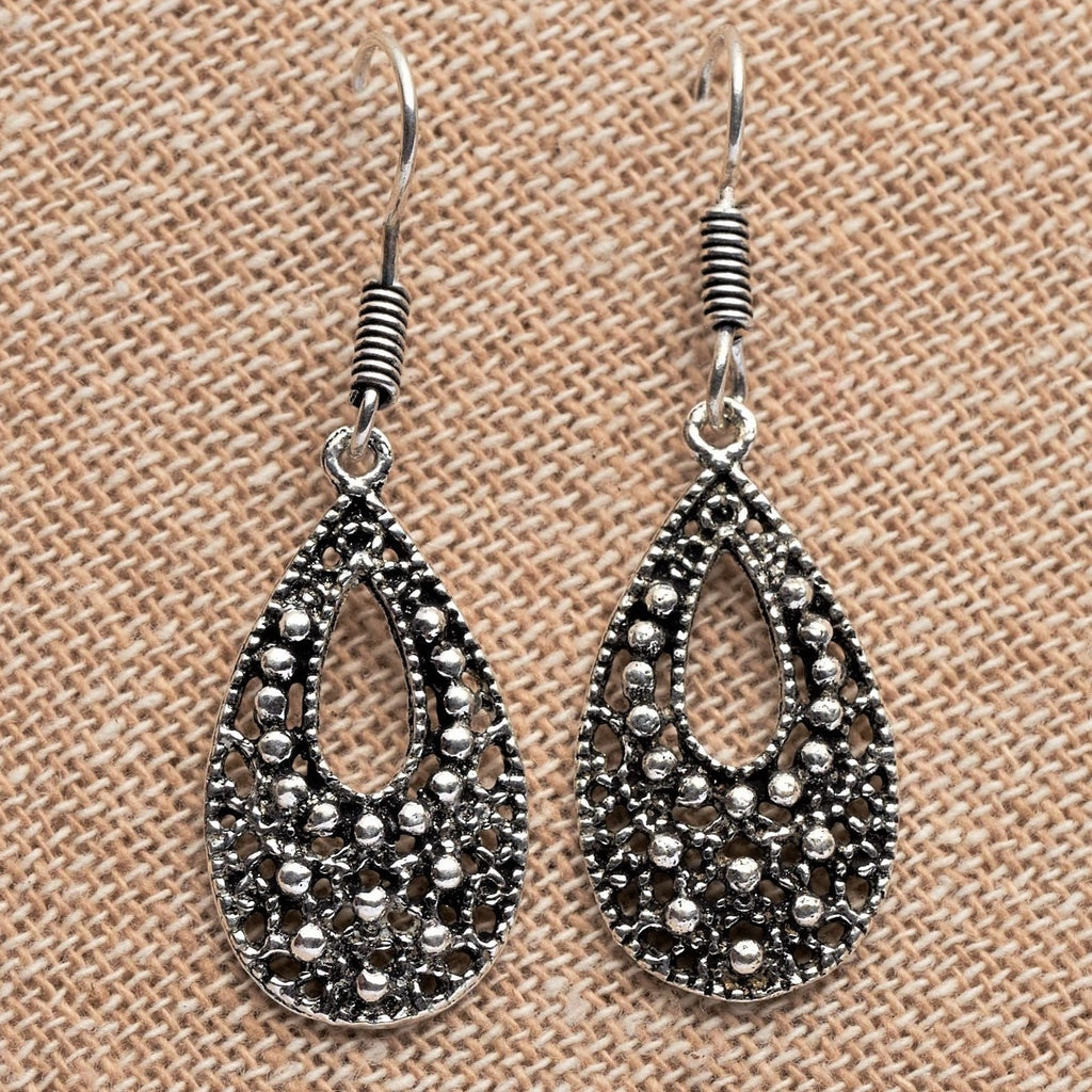 Artisan handmade solid silver, exquisite filigree tear drop earrings designed by OMishka.