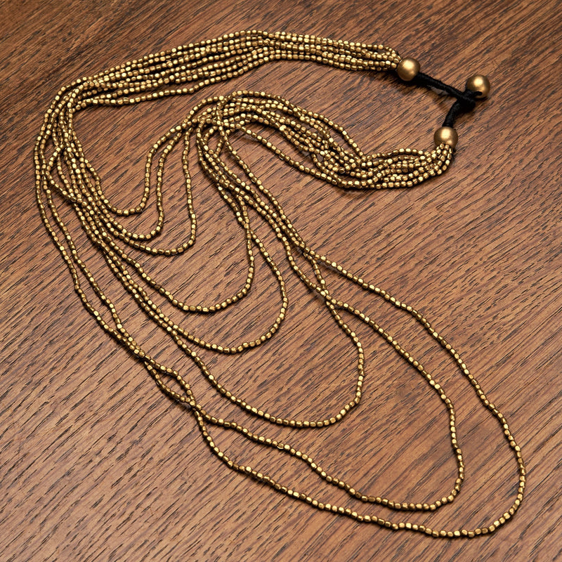 Artisan handmade golden brass, tiny cube beaded, long multi layered necklace designed by OMishka.