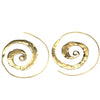 Artisan handmade pure brass, flat, hammered textured spiral hoop earrings designed by OMishka.
