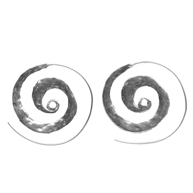 Artisan handmade solid silver, flat, hammered textured spiral hoop earrings designed by OMishka.