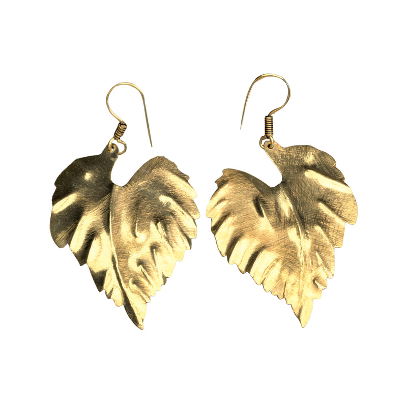 Artisan handmade pure brass, large single leaf drop earrings designed by OMishka.