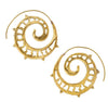 Artisan handmade pure brass, large spiral hoop earrings with a cut out detail, designed by OMishka.