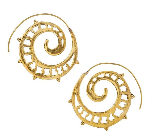Pure Brass Spiral Feather Hoop Earrings