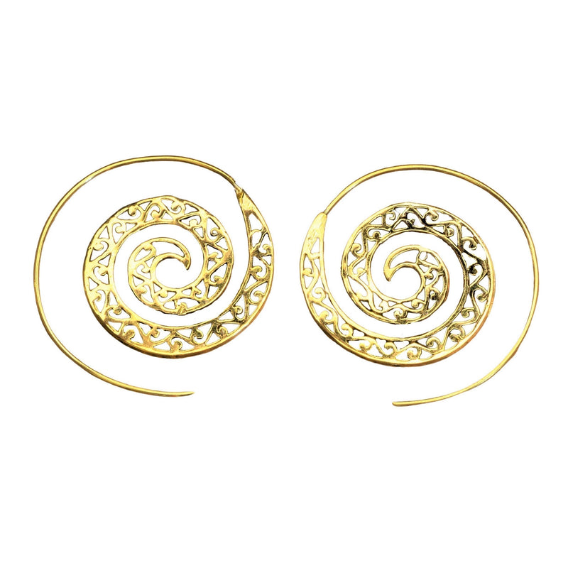 Artisan handmade pure brass, ornate tribal inspired, large, spiral hoop earrings designed by OMishka.