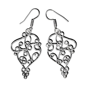 Artisan handmade, large, ornate solid silver, swirl and beaded drop earrings designed by OMishka.