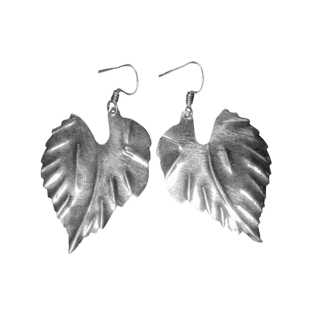 Artisan handmade solid silver, large single leaf drop earrings designed by OMishka.
