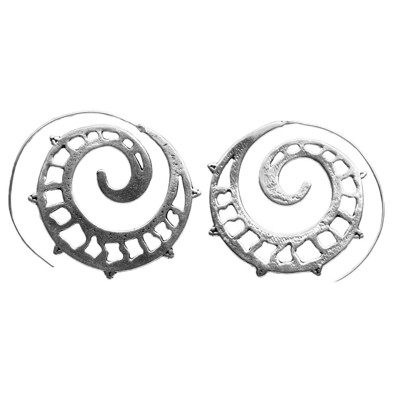 Artisan handmade solid silver, large spiral hoop earrings with a cut out detail, designed by OMishka.
