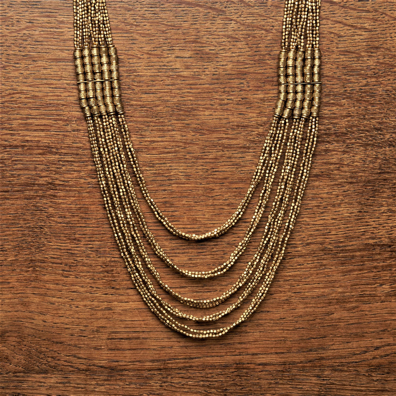 Artisan handmade pure brass, tiny cube and charm beaded, layered multi strand necklace designed by OMishka.