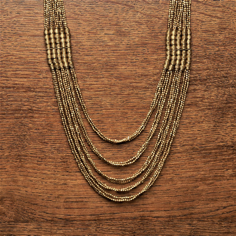 Long Multi Strand Pure Brass Tribal Beaded Necklace