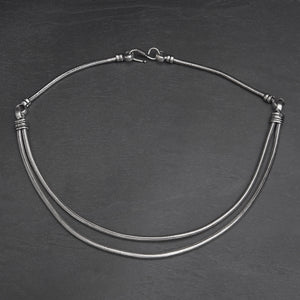 Artisan handmade, silver toned white metal, layered double strand, subtle decorative link, snake chain necklace designed by OMishka.