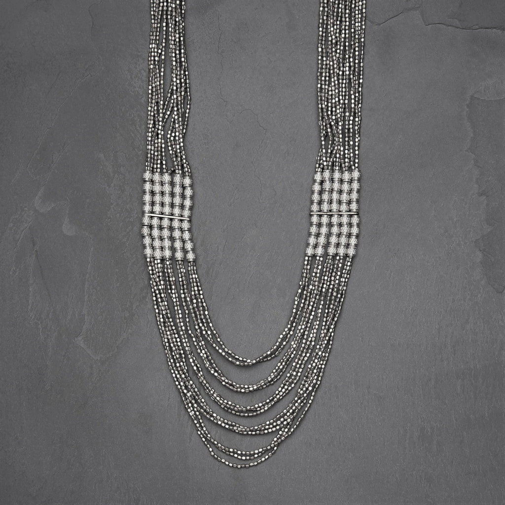 Artisan handmade silver, tiny cube and charm beaded, layered multi strand necklace designed by OMishka.
