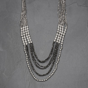 Artisan handmade, silver and oxidised black brass beaded, layered multi strand necklace designed by OMishka.