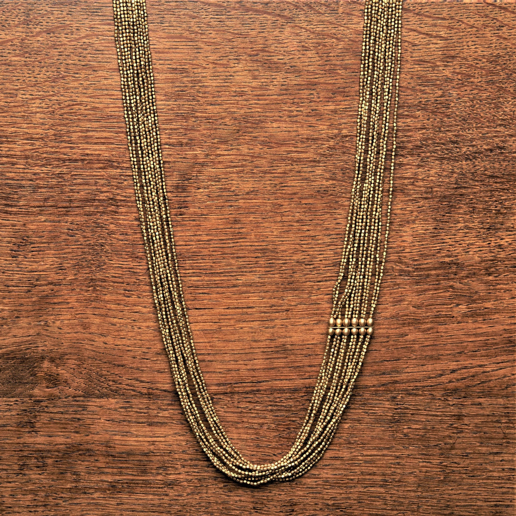 Artisan handmade pure brass, tiny cube and smooth barrel beaded, long multi strand necklace designed by OMishka.