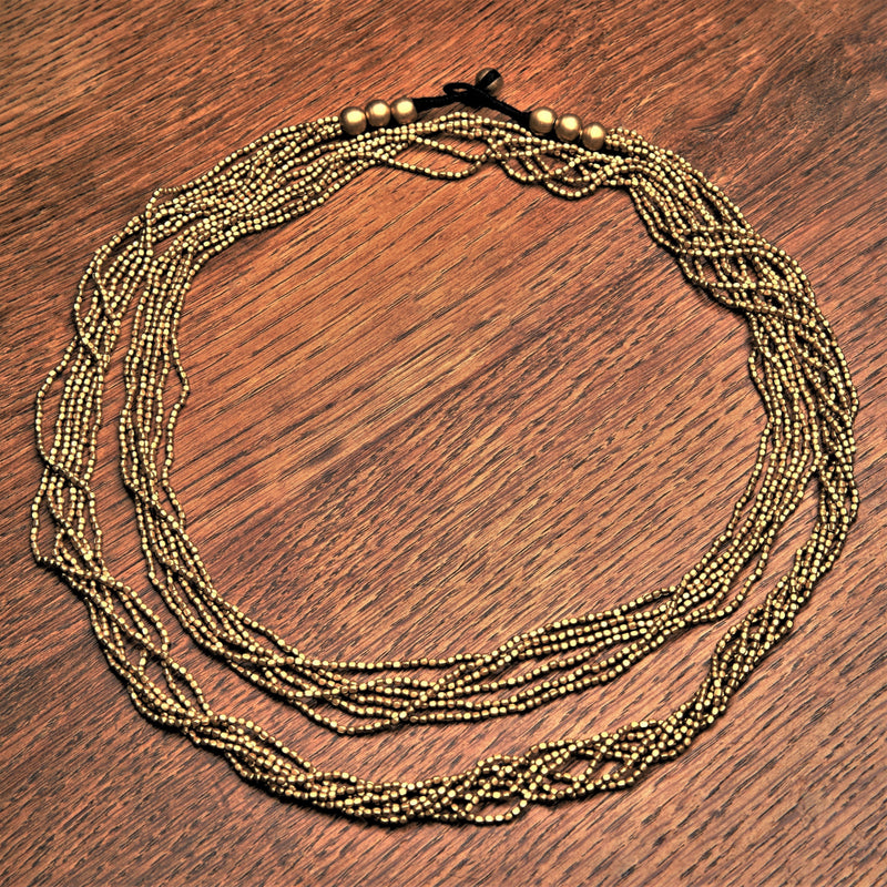 Artisan handmade, pure brass, tiny cube beaded, long multi strand wrap necklace designed by OMishka.