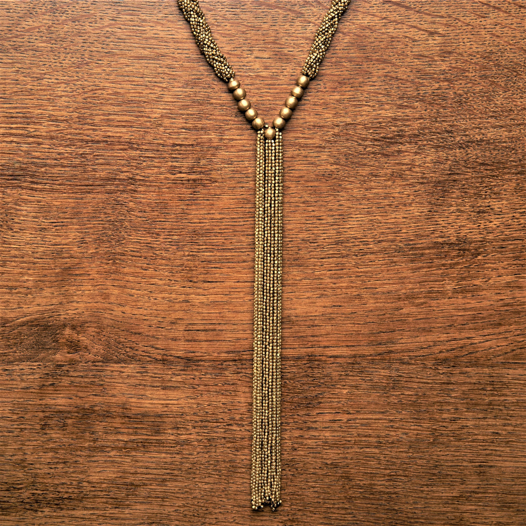 Artisan handmade pure brass, braided tiny cube beaded, long tassel drop, multi strand necklace designed by OMishka.