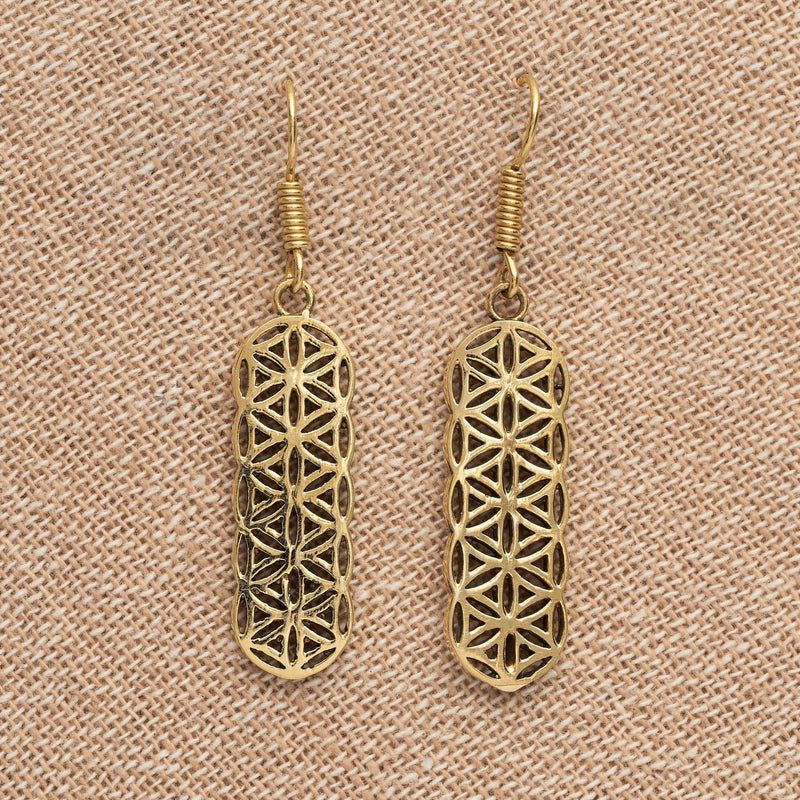 Artisan handmade pure brass, long flower of life drop hook earrings designed by OMishka.
