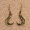 Artisan handmade pure brass, tribal patterned, long swirl shaped dangle earrings designed by OMishka.