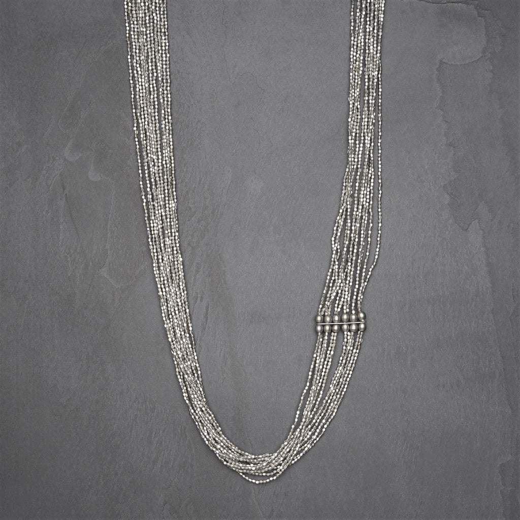 Artisan handmade silver, tiny cube and smooth barrel beaded, long multi strand necklace designed by OMishka.