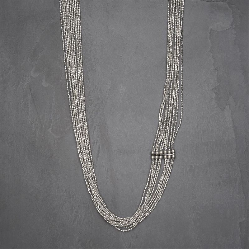Artisan handmade silver, tiny cube and smooth barrel beaded, long multi strand necklace designed by OMishka.