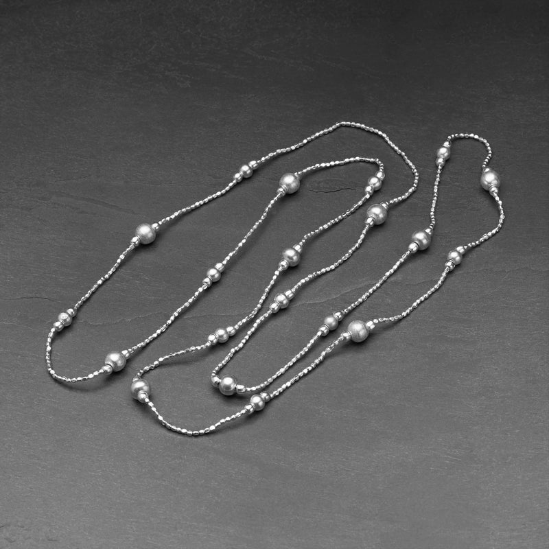 Artisan handmade, silver toned brass, single strand, long beaded wrap necklace designed by OMishka.