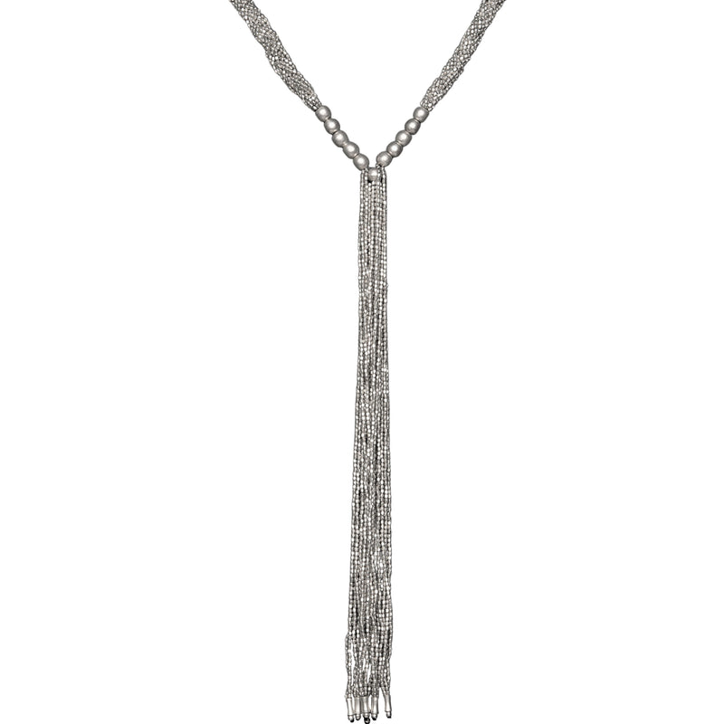 Artisan handmade silver, tiny cube and round beaded, braided, long drop multi strand necklace designed by OMishka.