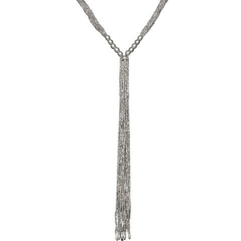 Long Layered Silver Beaded Necklace