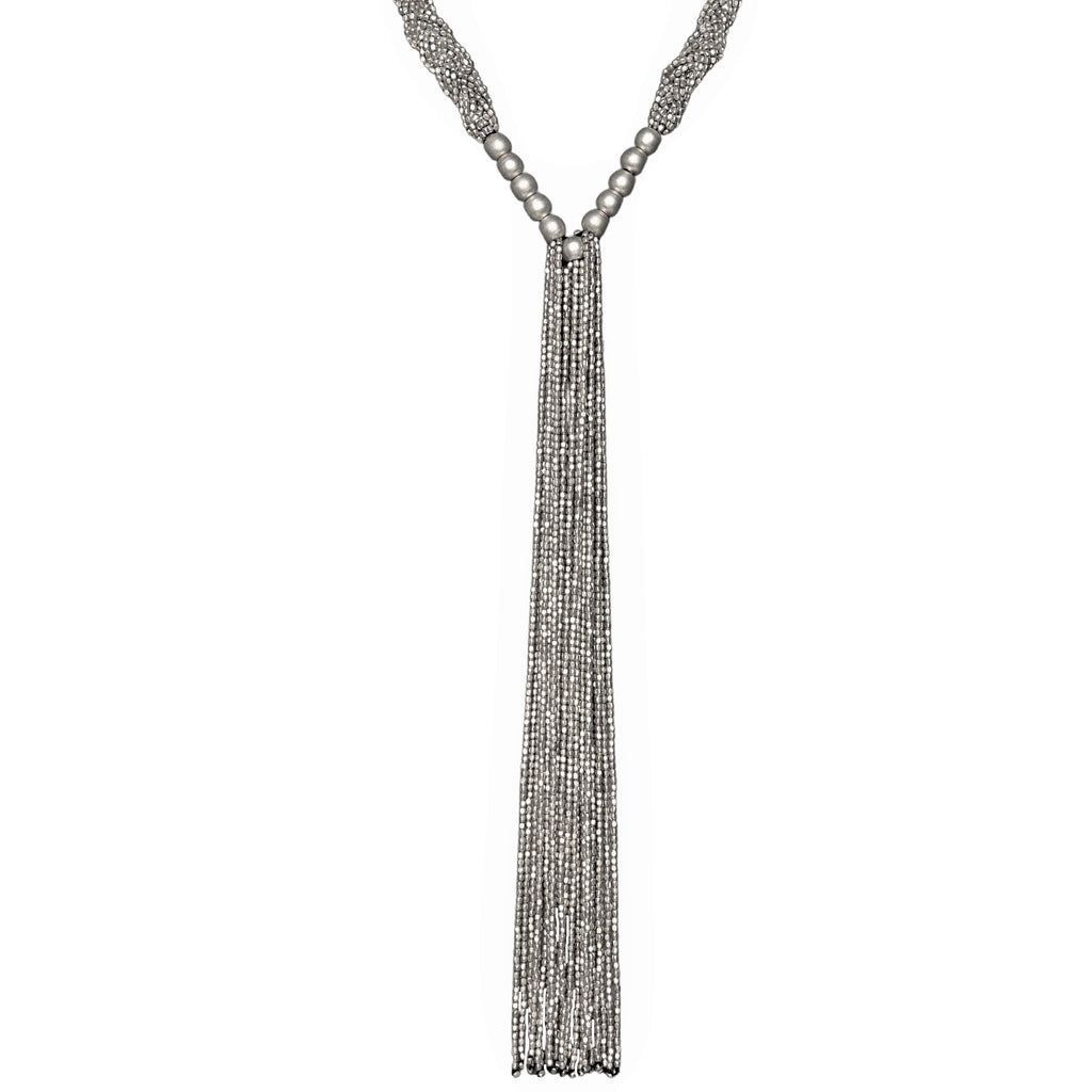 Artisan handmade silver, braided tiny cube beaded, long tassel drop, multi strand necklace designed by OMishka.