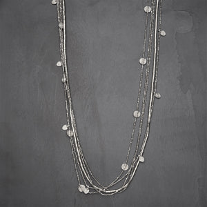 Artisan handmade silver, tiny cube and barrel beaded, mini disc charm, long multi strand necklace designed by OMishka.