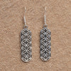 Artisan handmade solid silver, long flower of life drop hook earrings designed by OMishka.