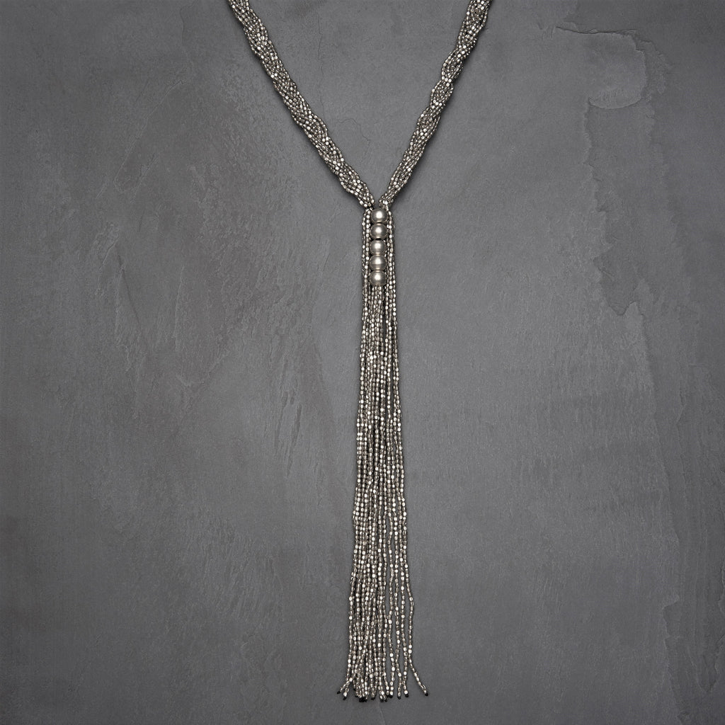 Artisan handmade silver, tiny cube and round beaded, plaited, long drop multi strand necklace designed by OMishka.