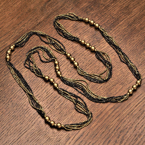 Artisan handmade, striped pure golden and black brass, beaded, long multi strand necklace designed by OMishka.