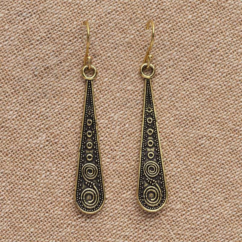 Artisan handmade, oxidised pure brass, long teardrop, spiral etched dangle earrings designed by OMishka.