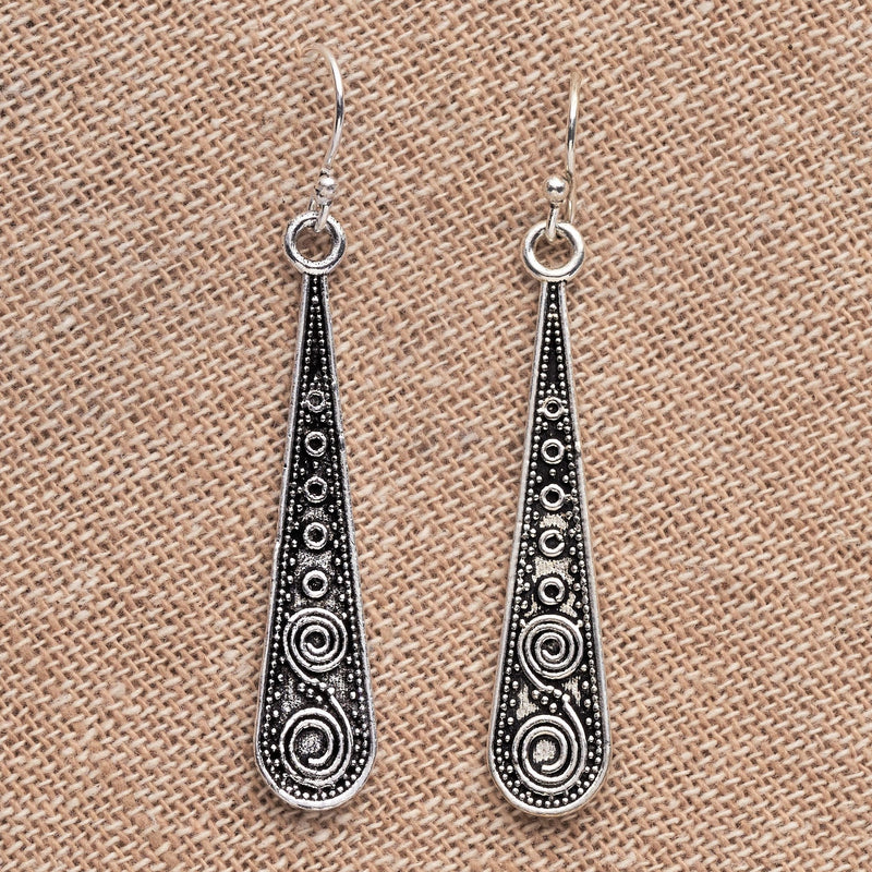 Artisan handmade, oxidised solid silver, long teardrop, spiral etched dangle earrings designed by OMishka.