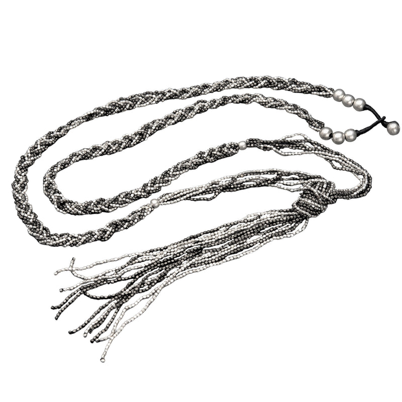 Artisan handmade, long, two tone tiny cube beaded, braided multi strand necklace designed by OMishka.