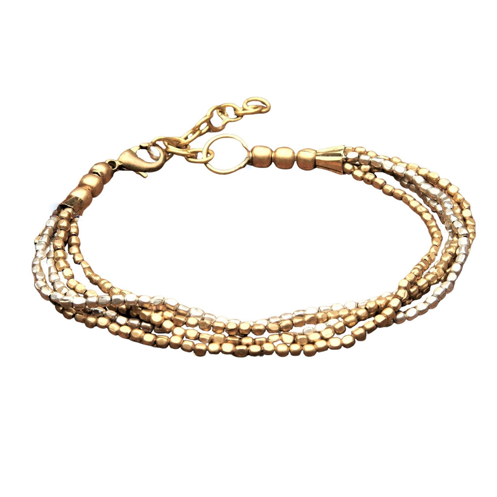 Artisan handmade pure brass and silver toned brass, dainty beaded multi strand bracelet designed by OMishka.