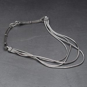 Artisan handmade, silver toned white metal, multi layered, subtle decorative link, snake chain necklace designed by OMishka.