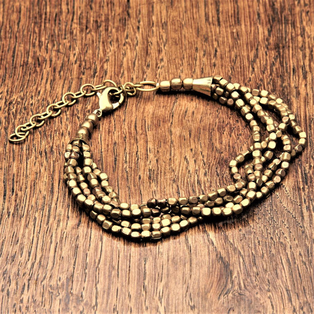 Artisan handmade pure brass, tiny cube beaded, multi strand adjustable bracelet designed by OMishka.