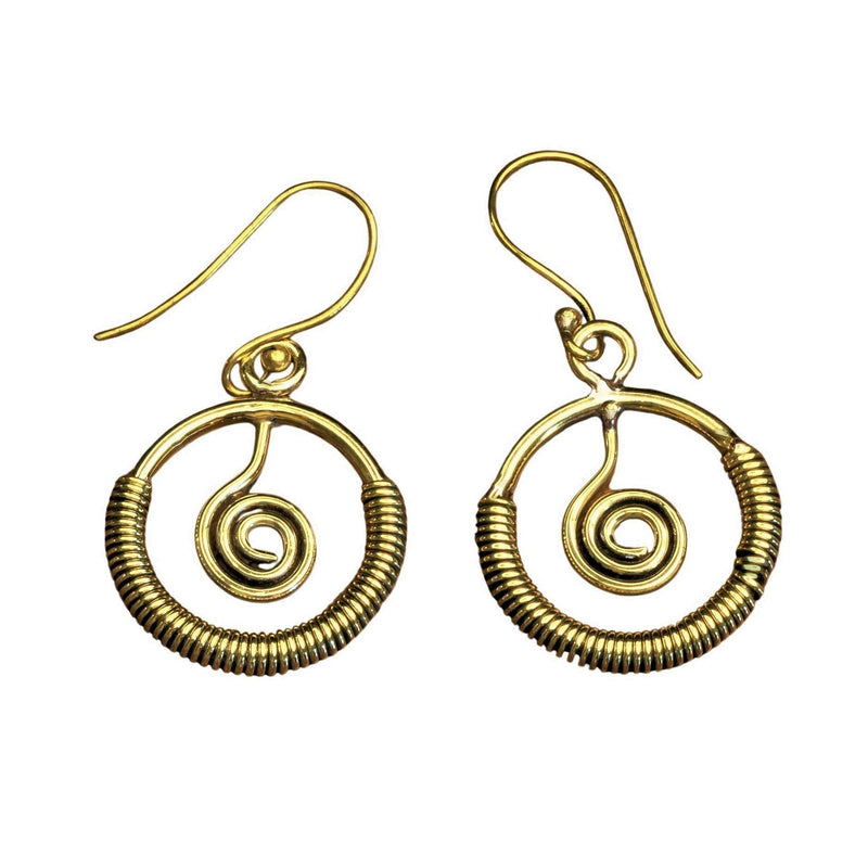 Artisan handmade pure brass, open circle and spiral detail, drop hook earrings designed by OMishka.