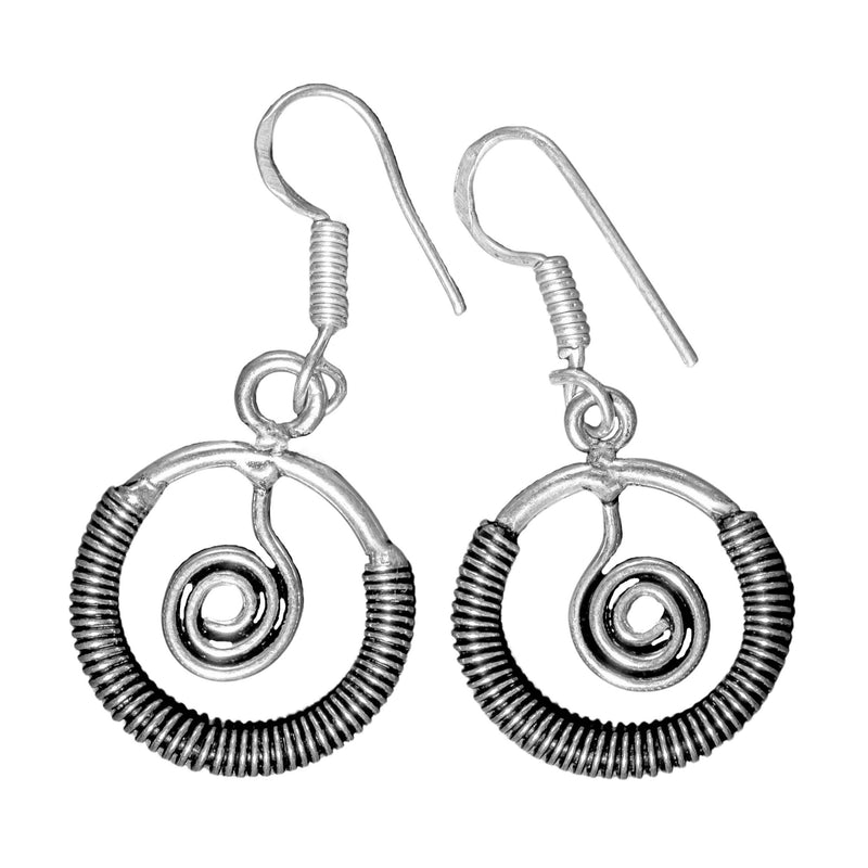 Artisan handmade solid silver, open circle and spiral detail, drop hook earrings designed by OMishka.