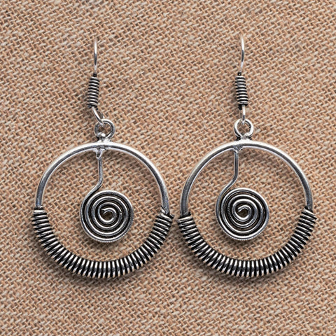 Large Silver Tribal Spiral Hoop Earrings