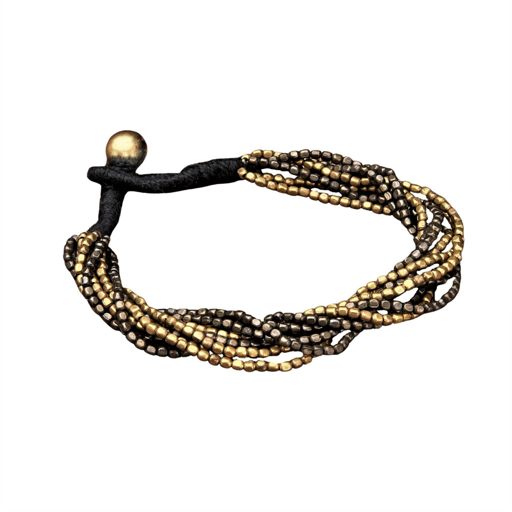 Artisan handmade pure golden brass and oxidised black brass, mixed beaded multi strand bracelet designed by OMishka.