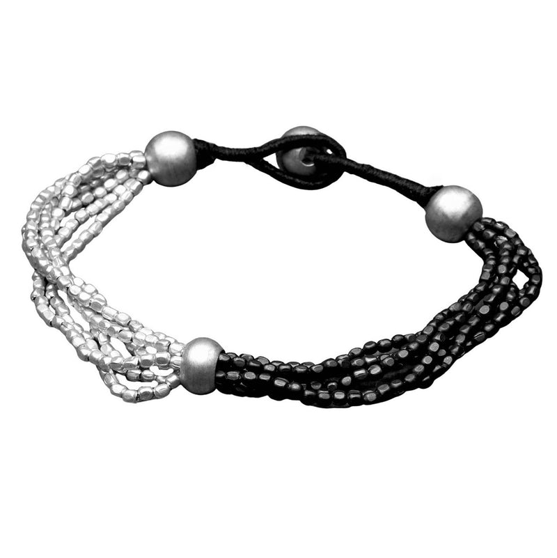 Artisan handmade two tone, silver and oxidised black brass, beaded multi strand bracelet designed by OMishka.