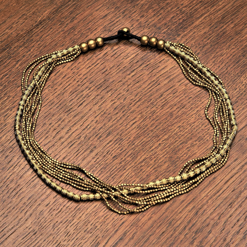 Artisan handmade pure brass, tiny cube and etched beaded, multi strand necklace designed by OMishka.