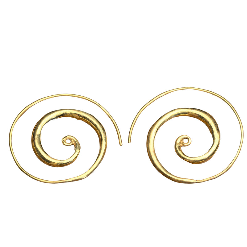 Artisan handmade, pure brass thickening shaped spiral hoop earrings designed by OMishka.