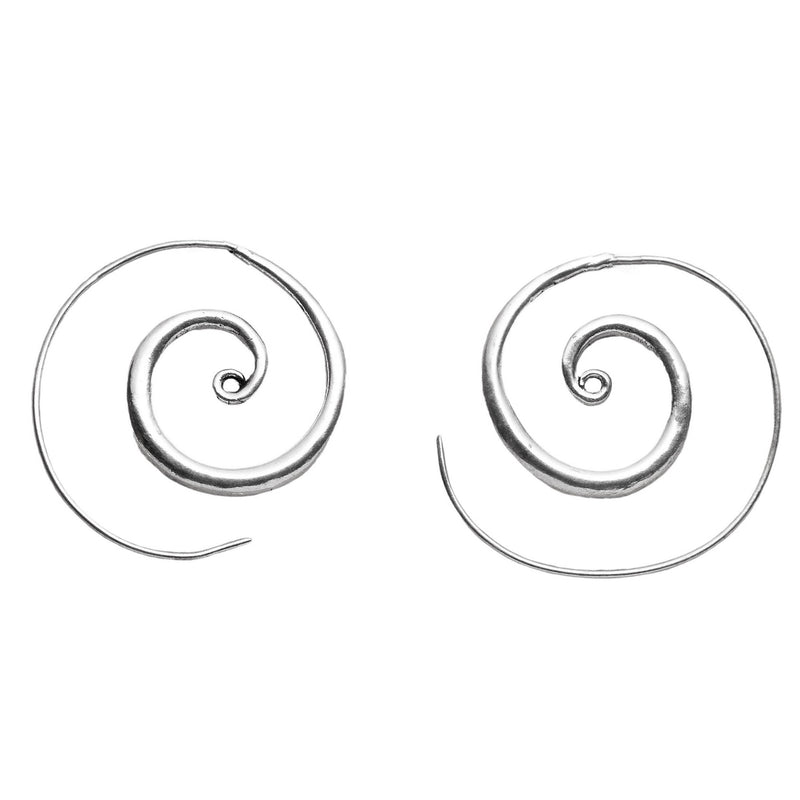Artisan handmade, solid silver thickening shaped spiral hoop earrings designed by OMishka.