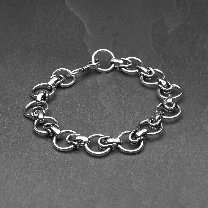 Artisan handmade silver toned brass, adjustable circle chain link bracelet designed by OMishka.