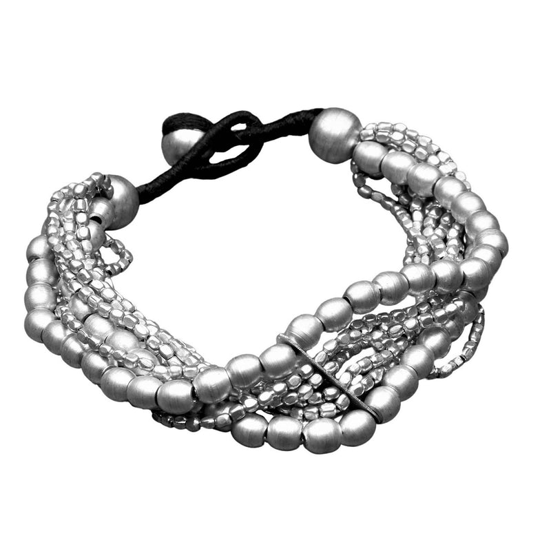 Artisan handmade silver, tiny cube and large ball beaded multi strand bracelet designed by OMishka.