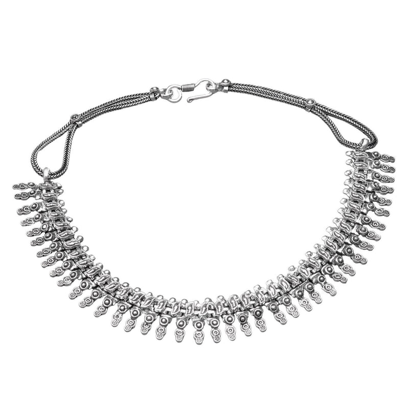 Artisan handmade silver toned white metal, Banjara Tribe, disc and bead patterned, chain link necklace designed by OMishka.