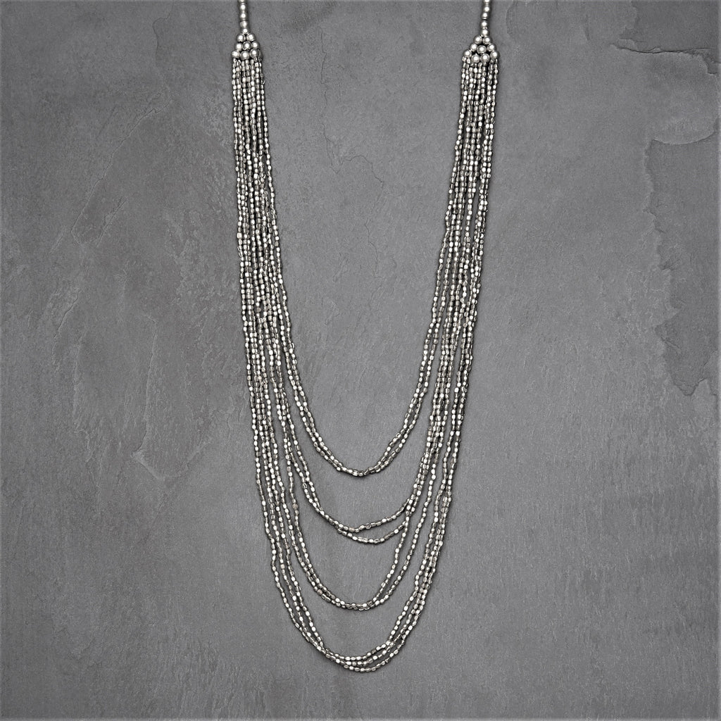 Artisan handmade, silver plated brass, tiny cube and round beaded, layered multi strand necklace designed by OMishka.