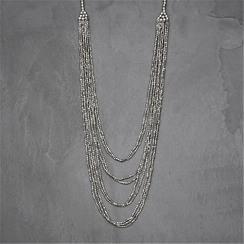 Artisan handmade, silver plated brass, tiny cube and round beaded, layered multi strand necklace designed by OMishka.